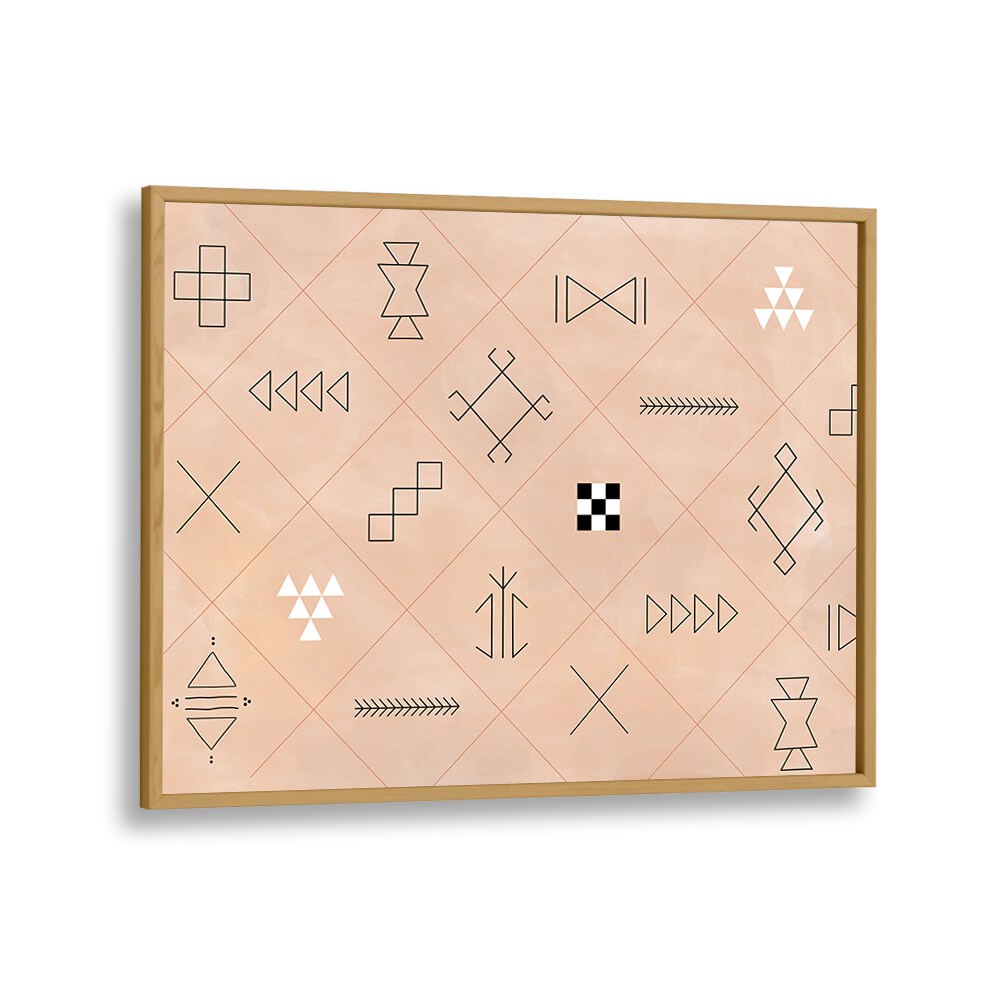 Stylish SYMBOLS, BOHO ART PAINTINGS featuring geometric designs on a peach background by Elena Ristova.