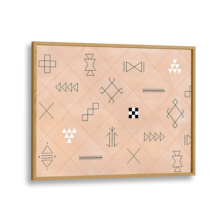 Stylish SYMBOLS, BOHO ART PAINTINGS featuring geometric designs on a peach background by Elena Ristova.