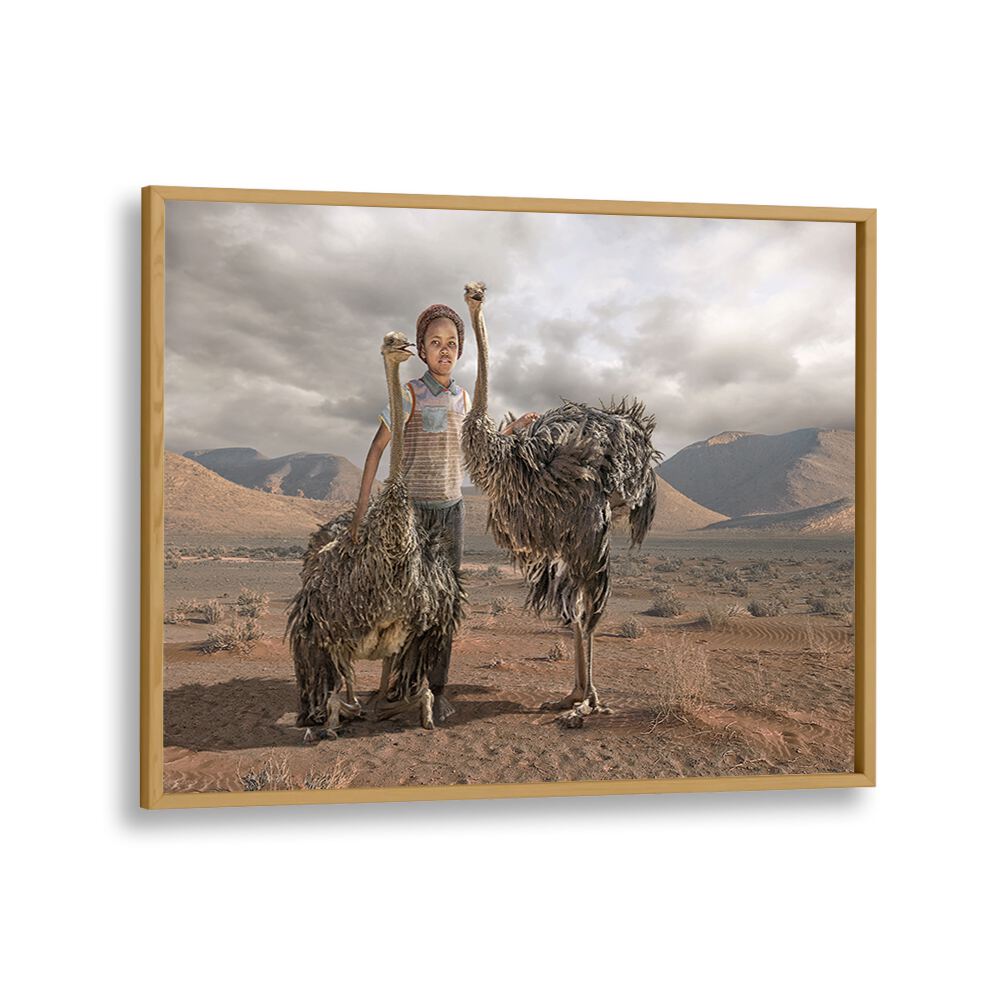 Surreal OSTRICH BOY, PHOTOGRAPHY PRINTS featuring a boy with ostriches, perfect for unique art enthusiasts.