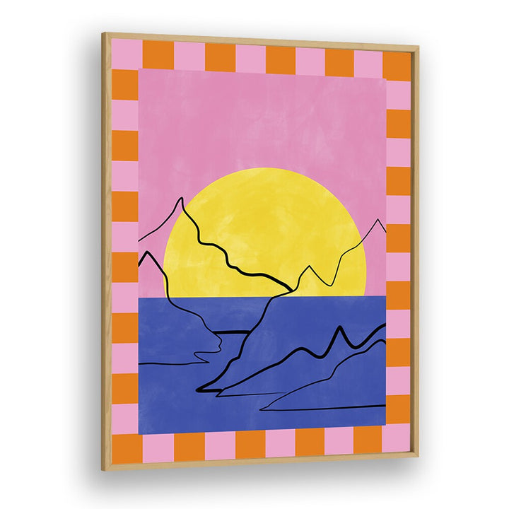 Vibrant DROWNING SUN, LANDSCAPE PAINTINGS by Elena Ristova, showcasing a stunning sunset over abstract mountains.