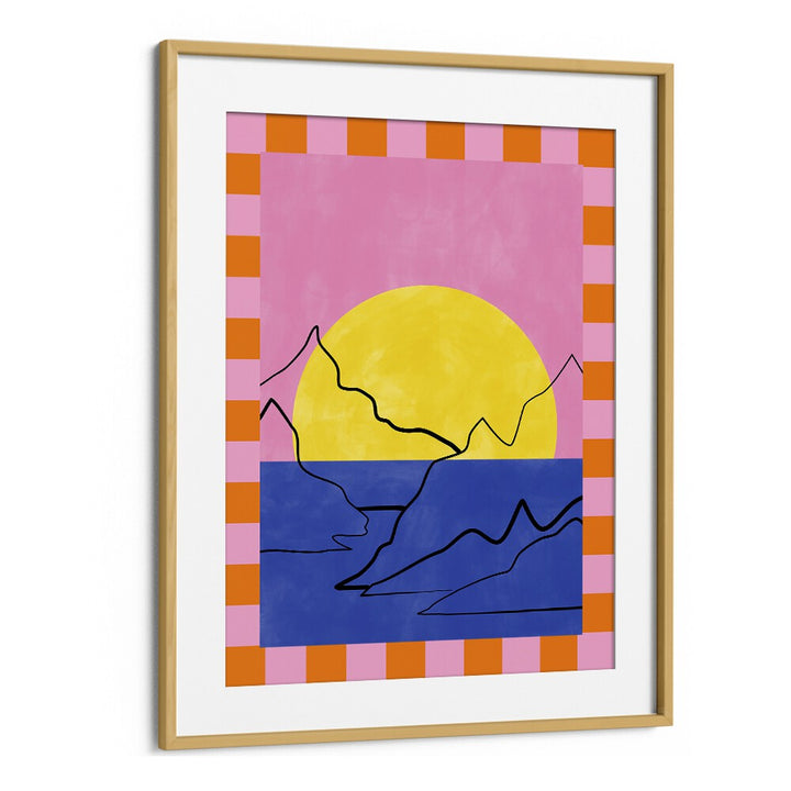 Vibrant DROWNING SUN, LANDSCAPE PAINTINGS by Elena Ristova showcase a stunning sunset over colorful mountains.