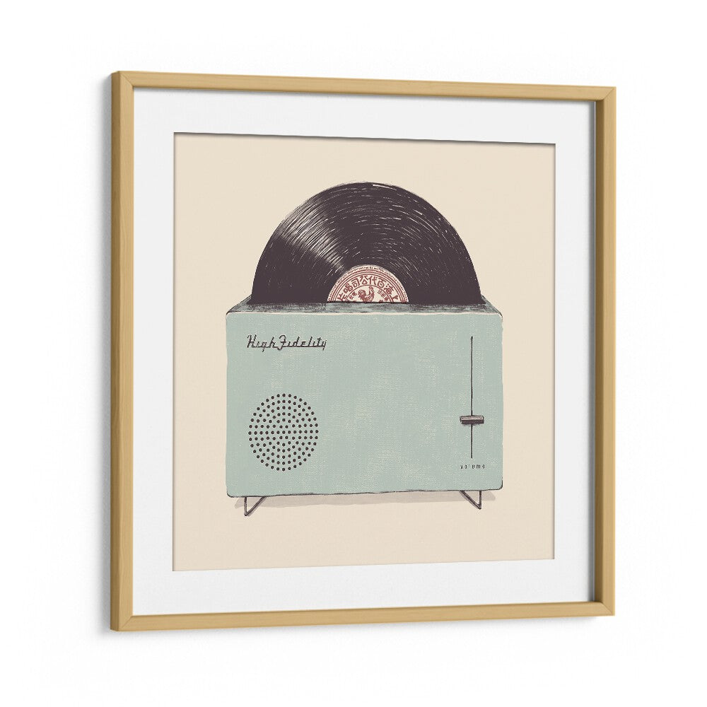 Framed High Fidelity music poster featuring a vintage record player, perfect for enhancing your artistic space.