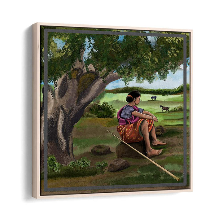 Serene scene of a woman resting under a tree in WHISPER OF THE MEADOWS, INDIAN ART PAINTINGS, capturing life's journey.
