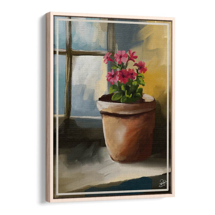 Vibrant flowers in a pot by the window highlight "BLOOM BY THE WINDOW, INDIAN ART PAINTINGS" for serene decor.