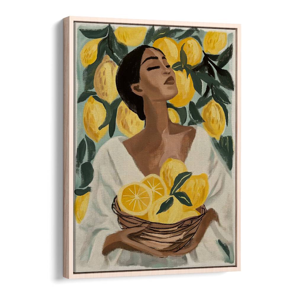 Radiant "LEMON TREE , PORTRAITS" art print showcasing a woman with lemons, perfect for brightening your home décor.