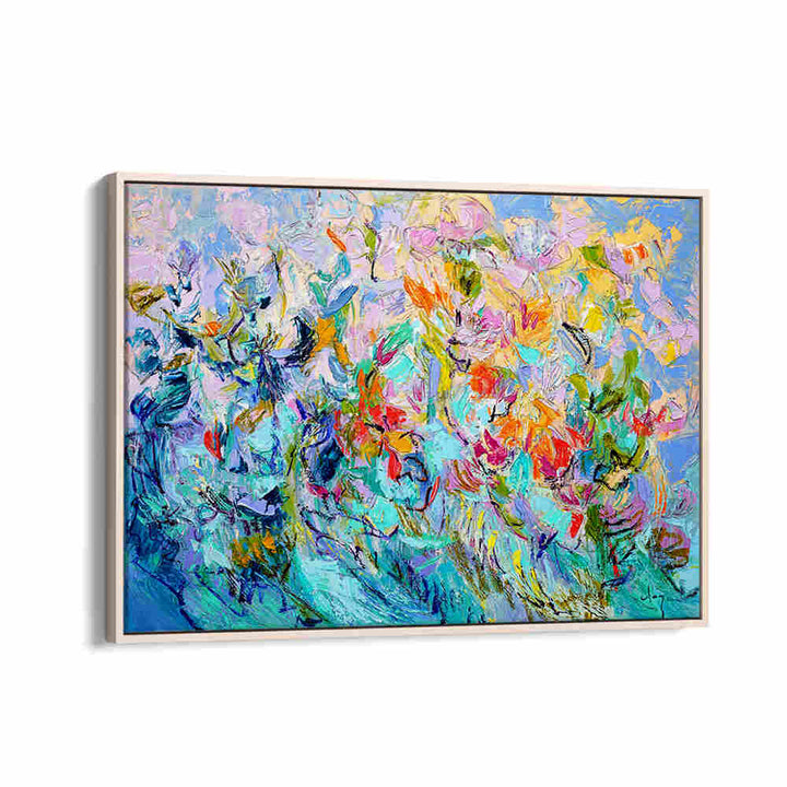 RADIANT FLORAL HARMONY , FLORAL FLOWER PAINTINGS by Oakwood — vibrant abstract framed floral painting with turquoise, pink, and yellow blooms