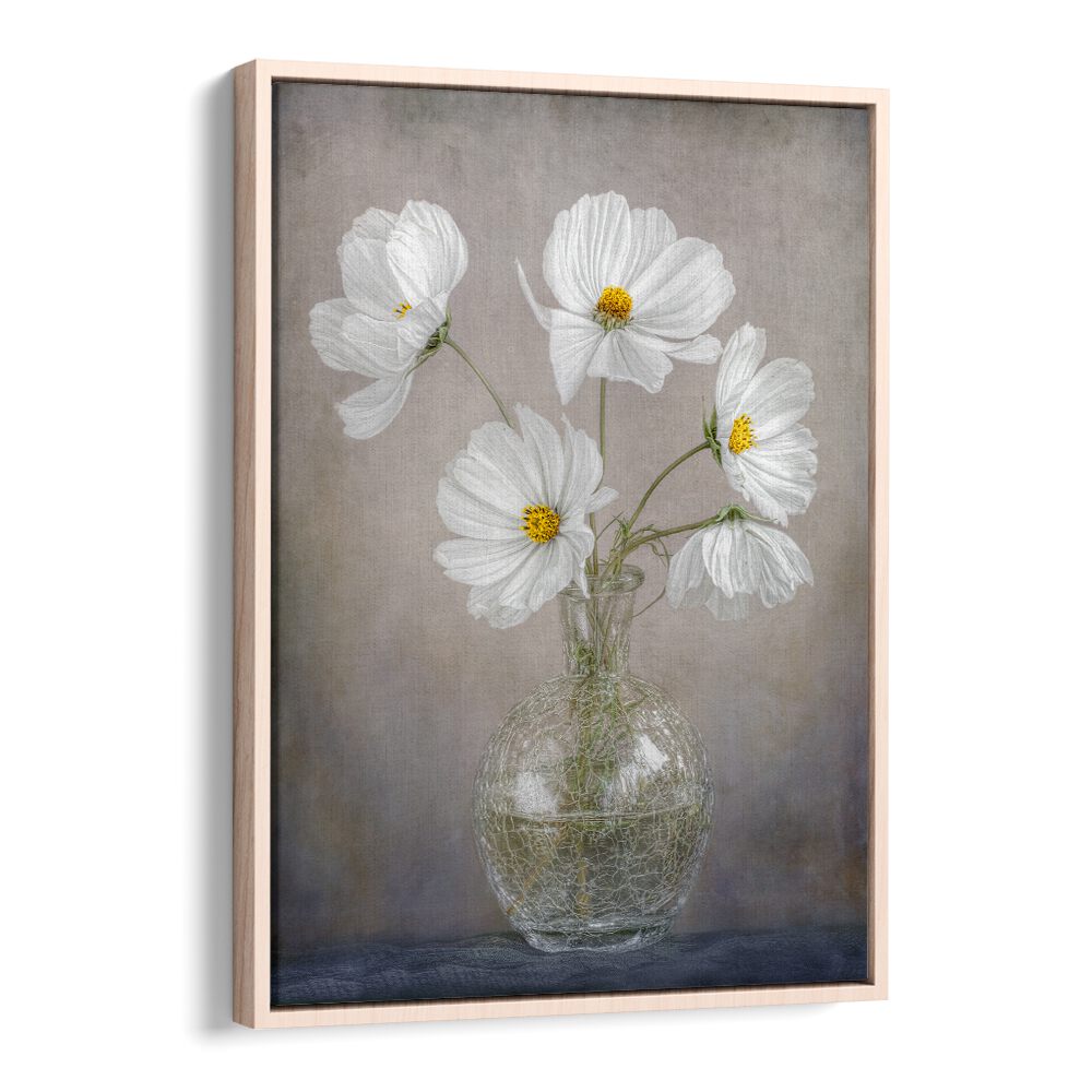 Elegant SIMPLY COSMOS, FLORAL FLOWER PAINTINGS showcase white flowers in a stylish vase, perfect for modern decor.