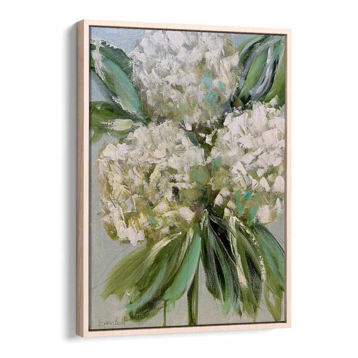 Stunning WHITE HYDRANGEAS GREEN LEAVES, FLORAL FLOWER PAINTINGS showcasing elegant botanical artistry for your space.