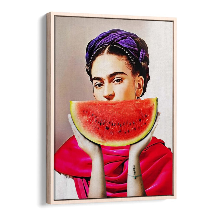 Vibrant WATERMELON FRIDA, ALTERED ART PRINTS by Dikhotomy captures Frida Kahlo's essence with playful colors.