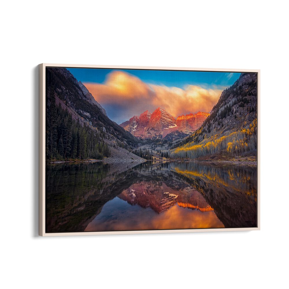 Breathtaking reflections of mountains and trees in "A Perfect Morning in Maroon Lake, Photography Prints" for serene decor.