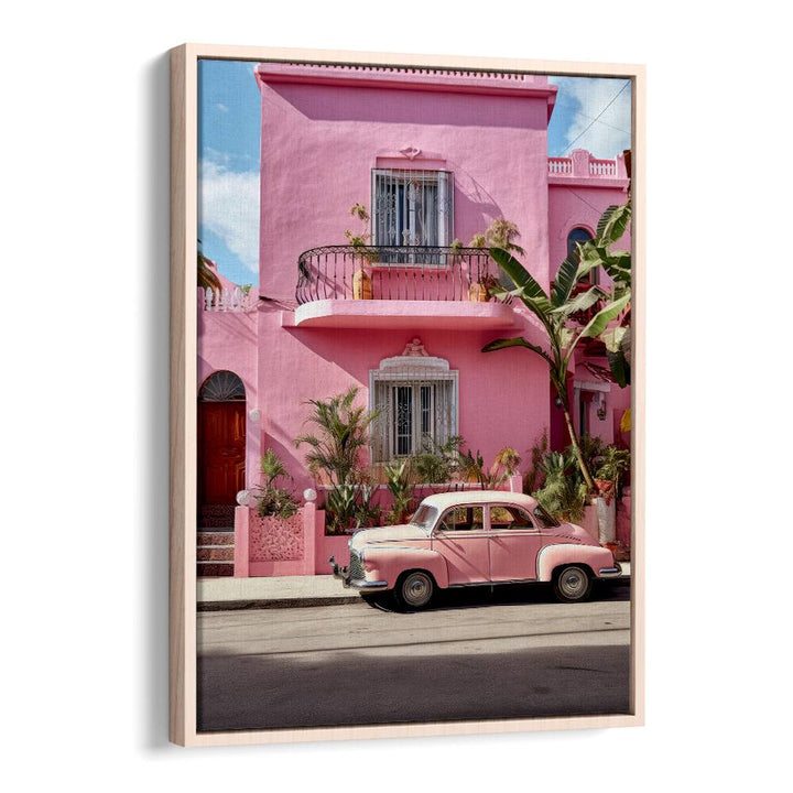 Vibrant MEXICAN LIFE VII, CAR POSTERS featuring a pink vintage car and colorful architecture, perfect for art lovers.