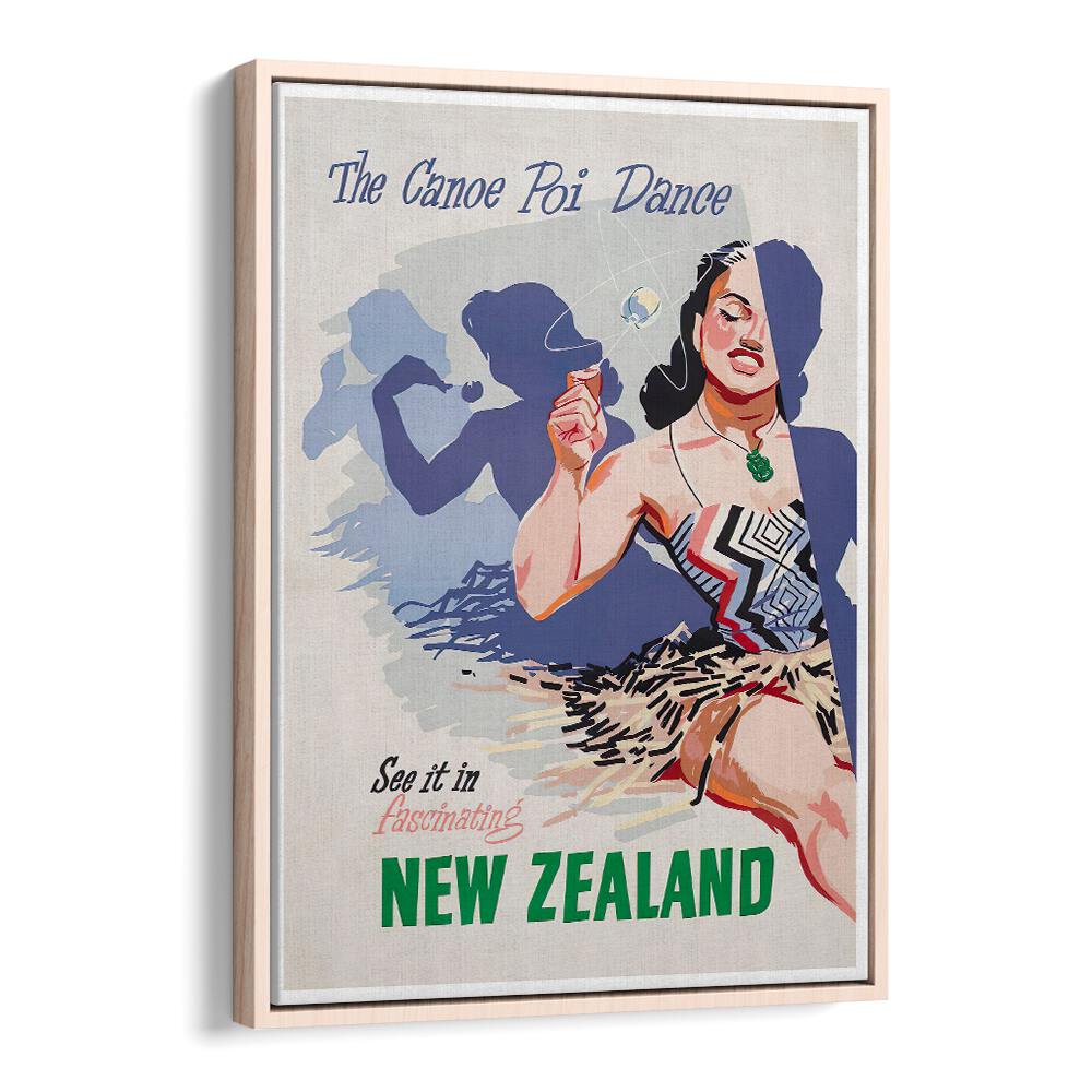 Celebrate New Zealand’s culture with NEW ZEALAND III, VINTAGE TRAVEL POSTERS showcasing vibrant canoe poi dance art.