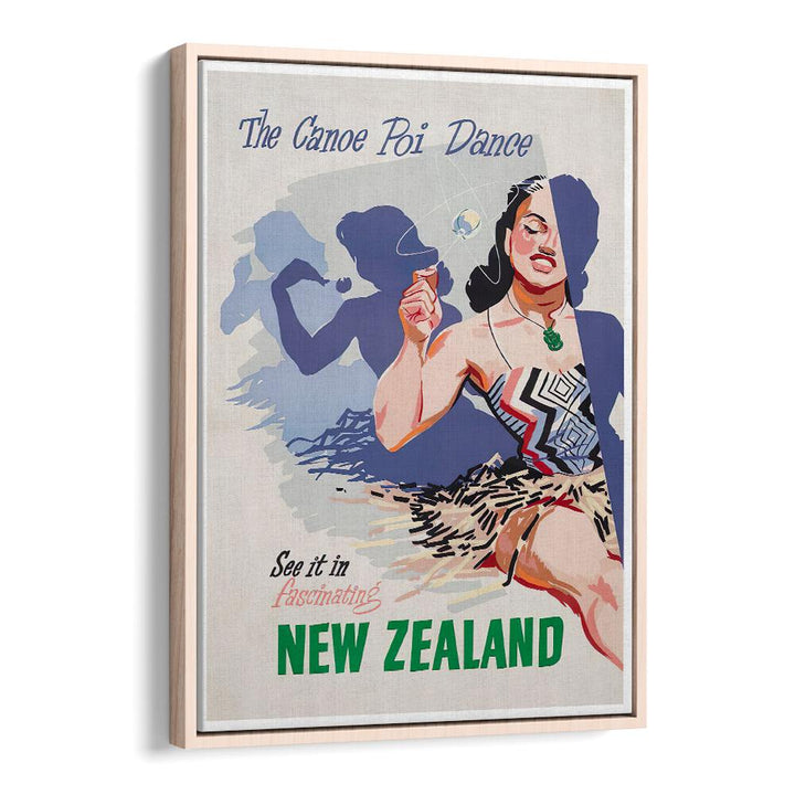 Celebrate New Zealand’s culture with NEW ZEALAND III, VINTAGE TRAVEL POSTERS showcasing vibrant canoe poi dance art.