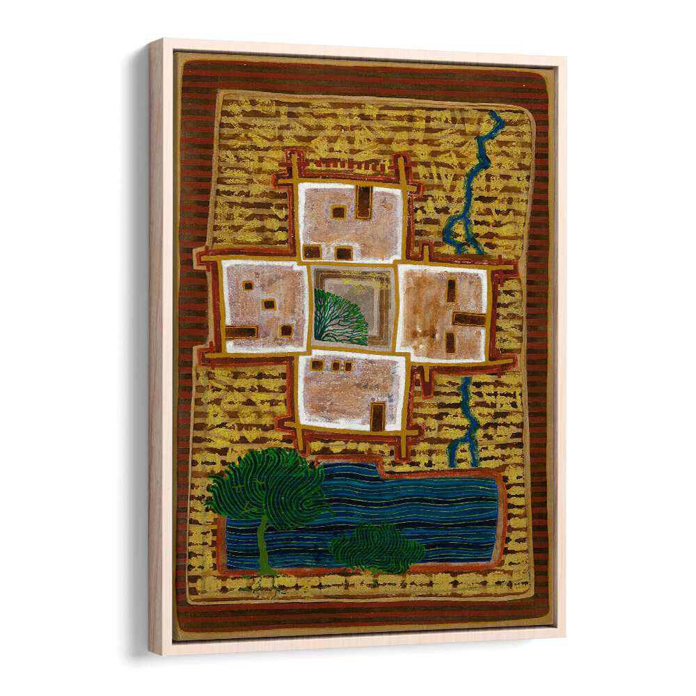Vibrant landscape painting titled "A SHADOWY CORNER," featuring abstract buildings and lush greenery.