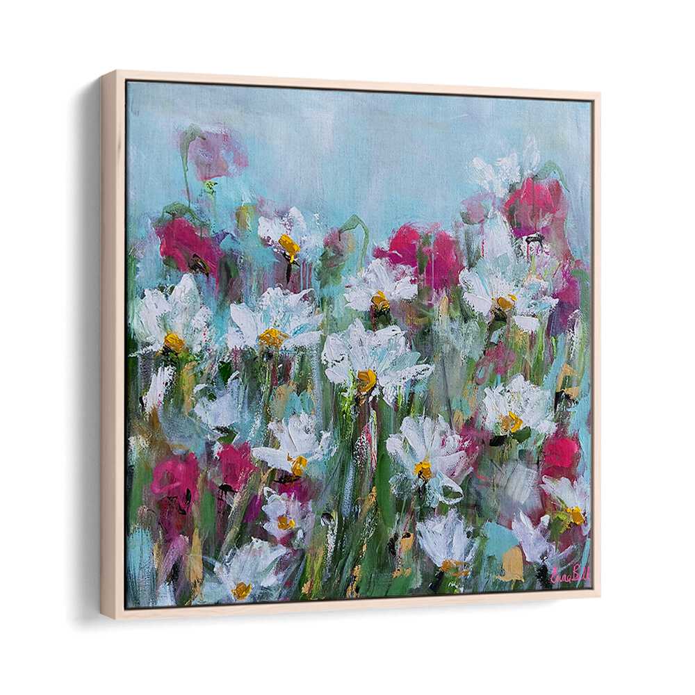 Vibrant WHITE DAISIES AND PINK BLOSSOMS, FLORAL FLOWER PAINTINGS for a serene botanical retreat in your home.