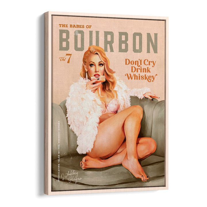 Vintage WHISKEY BABES II, BAR art print featuring a glamorous pinup girl, perfect for bourbon enthusiasts.