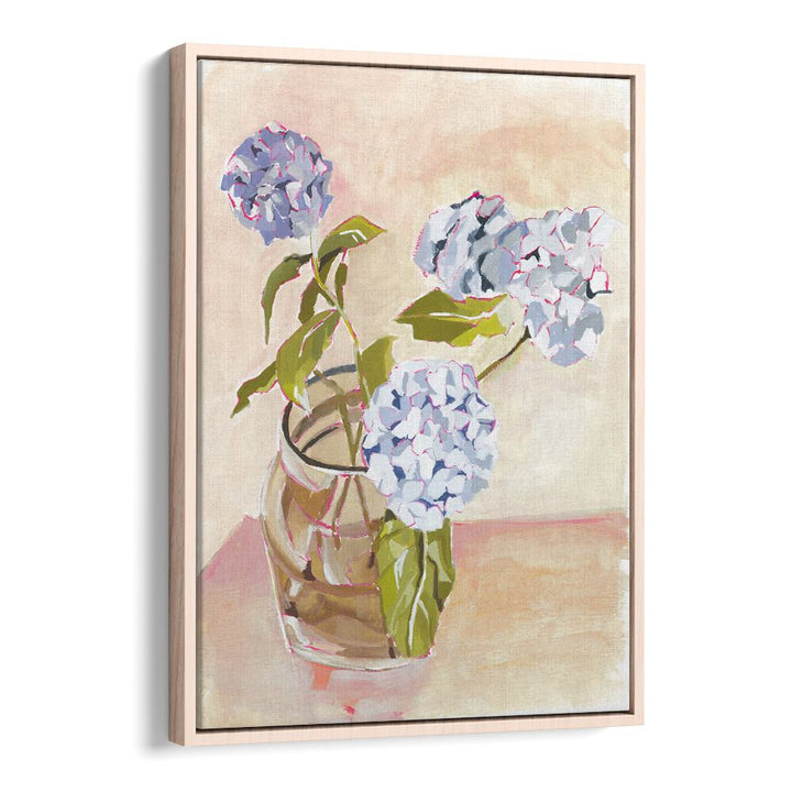 Vibrant SUMMER BLOOMS artwork showcasing delicate blue hydrangeas in a glass vase, perfect for brightening your home.