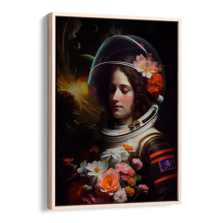 ASTRONAUT BEAUTY, ALTERED ART PRINTS by Dikhotomy features a cosmic theme with floral accents for modern decor.