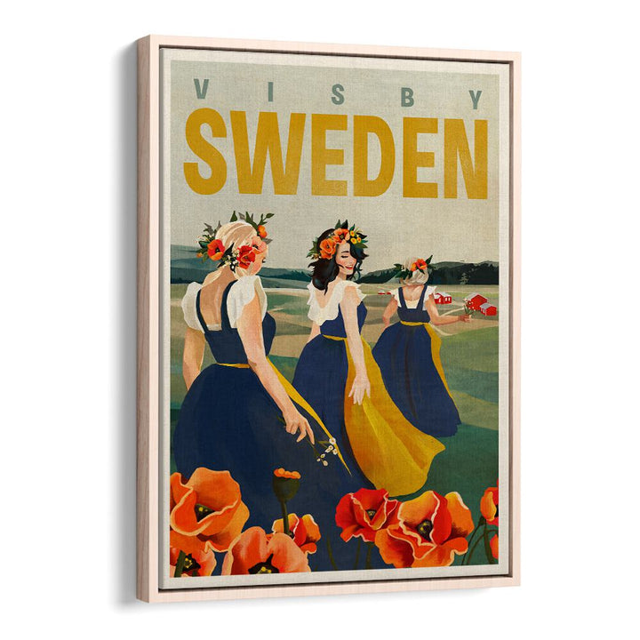 Visby SWEDEN FLOWER GIRLS, TRAVEL POSTERS showcase elegant women in vibrant dresses surrounded by flowers.