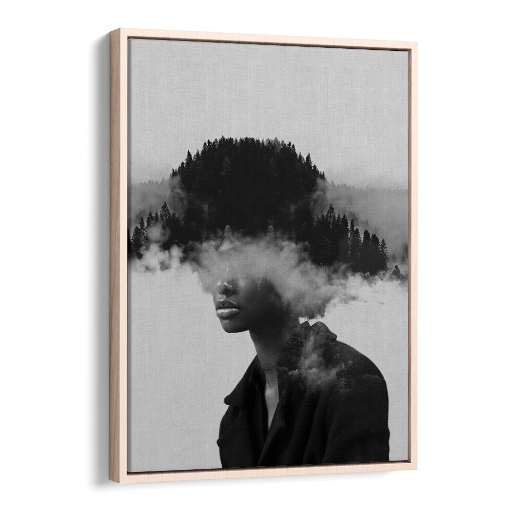 FOGGY THOUGHTS, SURREAL ART PRINTS showcase a dreamy forest merging with a serene portrait, perfect for enhancing creativity.