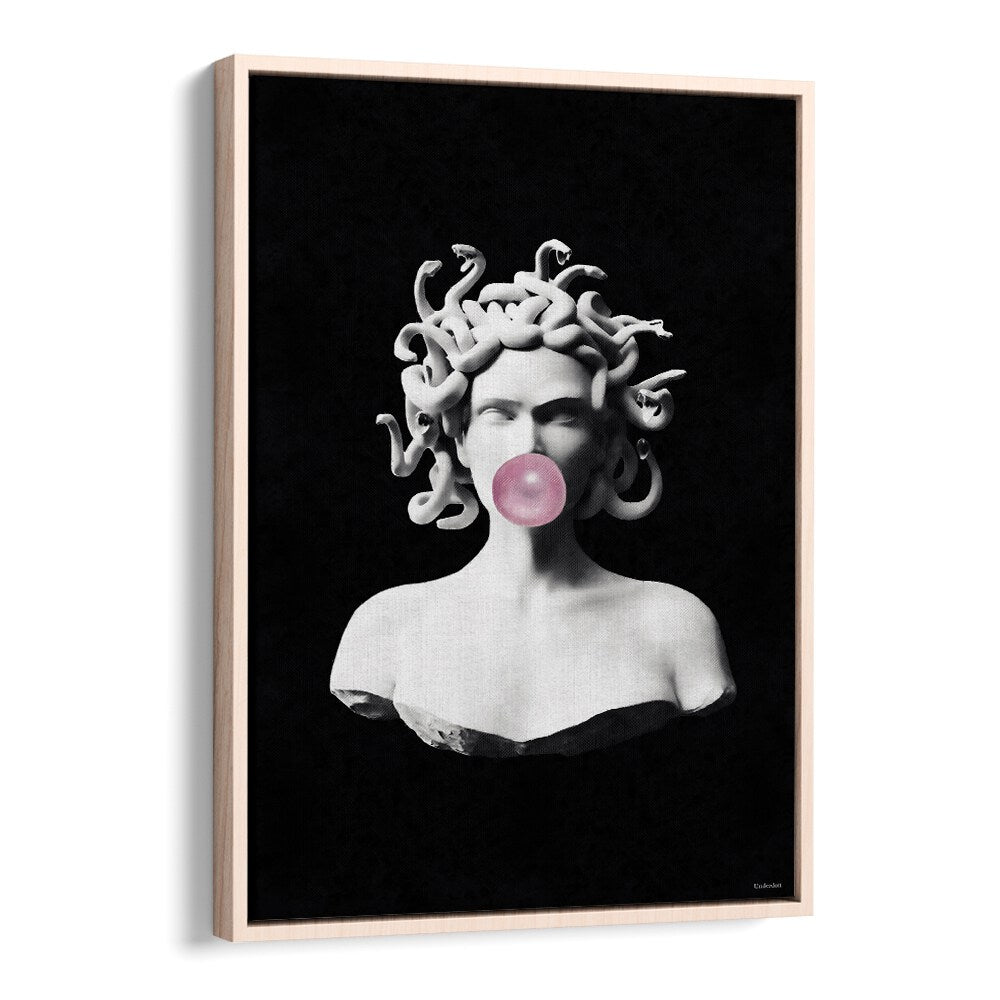 Playful Medusa blowing pink bubblegum featured in Underdott's MEDUSA PINK BUBBLEGUM, ALTERED ART PRINTS collection.