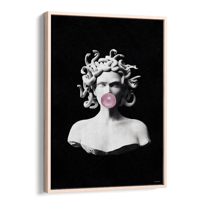 Playful Medusa blowing pink bubblegum featured in Underdott's MEDUSA PINK BUBBLEGUM, ALTERED ART PRINTS collection.