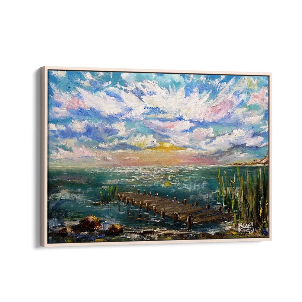 Vibrant HAPPY DAY, LANDSCAPE PAINTINGS featuring serene water scenes and colorful skies, perfect for home decor.