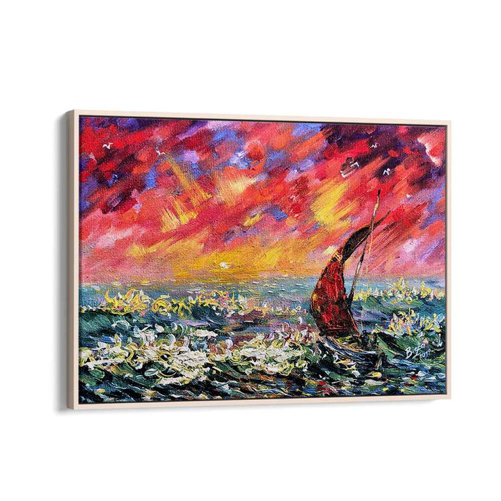 Vivid RED SKY BOAT, LANDSCAPE PAINTINGS capture nature's beauty with vibrant colors and serene waters. Perfect for any space!