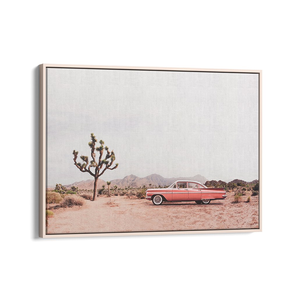 Stylish "IN THE DESERT, COWBOY" artwork featuring a vintage car and desert scenery, perfect for your home decor.
