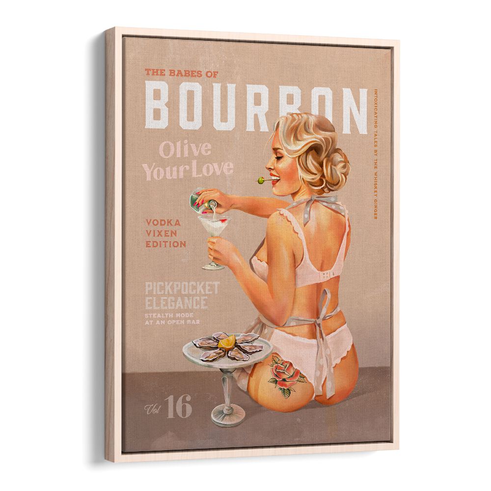Charming Bourbon Babe bar poster featuring a vintage vodka martini theme, perfect for elevating your space.