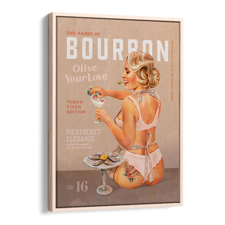 Charming Bourbon Babe bar poster featuring a vintage vodka martini theme, perfect for elevating your space.