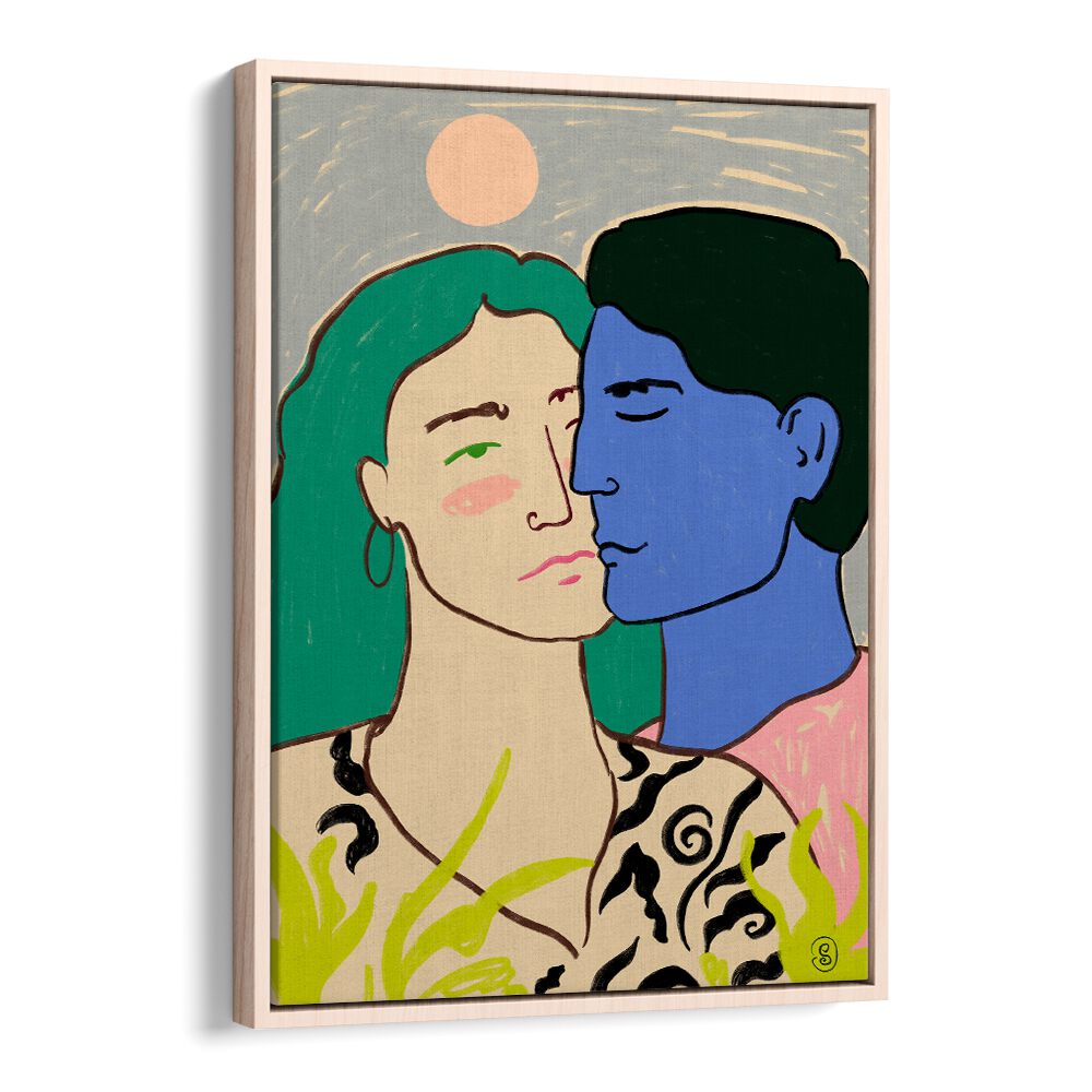 Couple embracing under a moonlit sky in the LOVERS UNDER THE MOON, VIBRANT art print for a creative home.