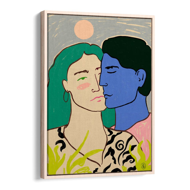 Couple embracing under a moonlit sky in the LOVERS UNDER THE MOON, VIBRANT art print for a creative home.