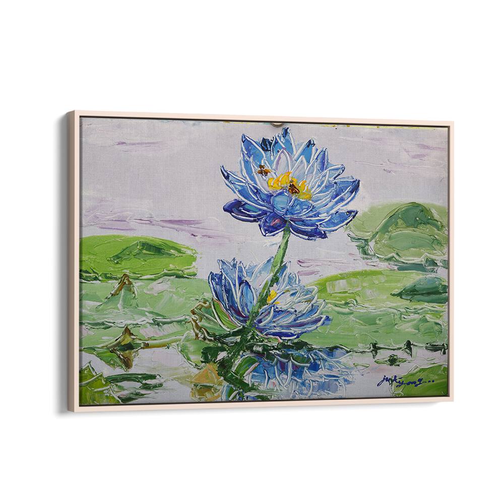 Vibrant LOTUS FLOWER CANVAS, FLORAL FLOWER PAINTINGS showcasing blue blooms amidst lush green leaves. Perfect for decor.