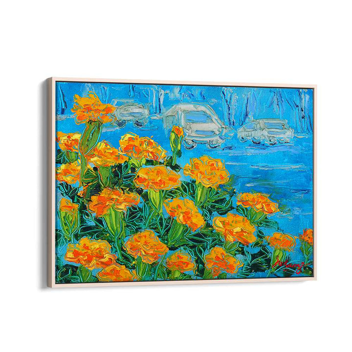 Bright orange marigolds bloom against a blue backdrop in this MARIGOID CANVAS, FLORAL FLOWER PAINTINGS artwork.