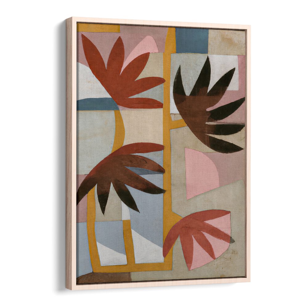 FLOWER SAFARI, FLORAL FLOWER PAINTINGS featuring abstract bold leaves and geometric shapes with warm earthy tones by Oakwood Floater.