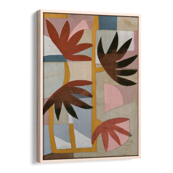 FLOWER SAFARI, FLORAL FLOWER PAINTINGS featuring abstract bold leaves and geometric shapes with warm earthy tones by Oakwood Floater.