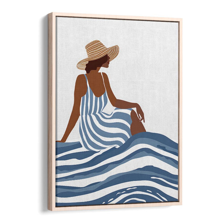 Elegant girl in striped dress, portraits showcasing modern chic and comfort by Oakwood Floater.