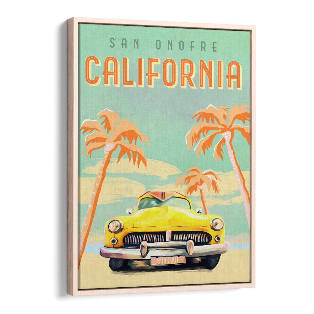 California Surf travel poster featuring a vintage car and palm trees, capturing ocean adventure and beach vibes.