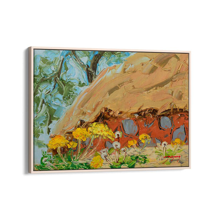 Vibrant DANDELION CANVAS, FLORAL FLOWER PAINTINGS showcasing yellow blooms and a rustic backdrop for a charming decor.