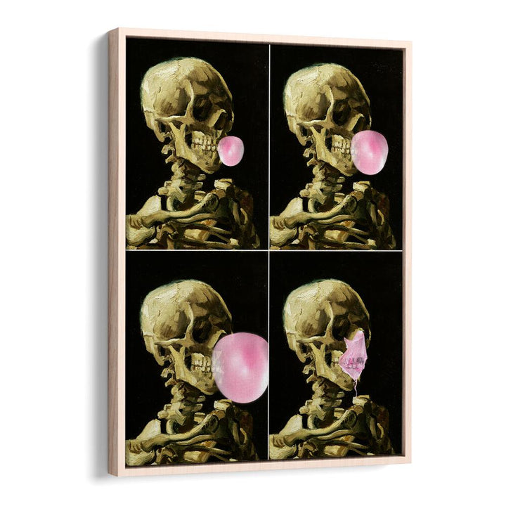 Skull Gum Explosion, altered art prints by Dikhotomy, showcase skeletons blowing bubblegum in a vibrant display.