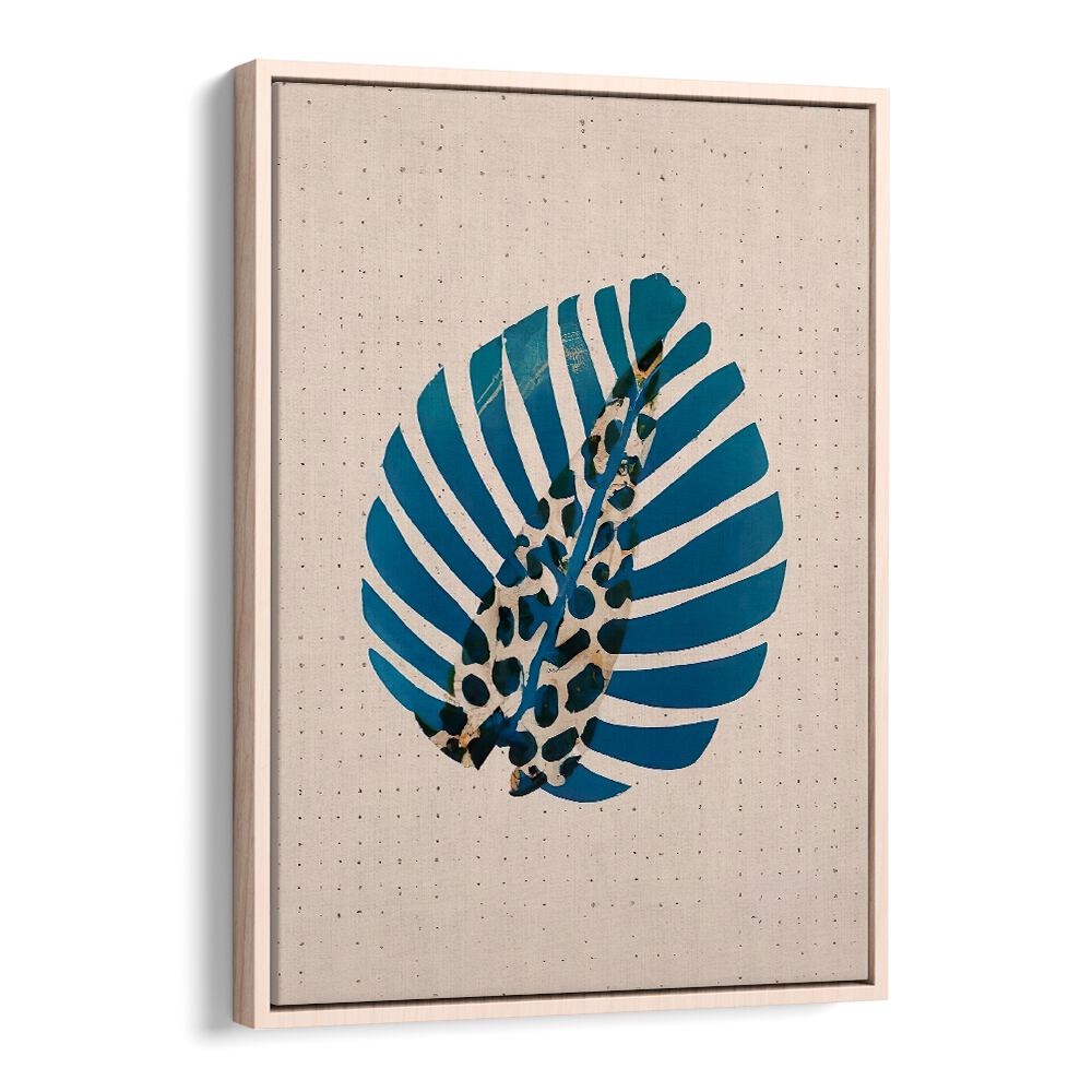 LEOPALM , FLORAL FLOWER PAINTINGS featuring a blue tropical leaf with leopard print details on beige canvas.