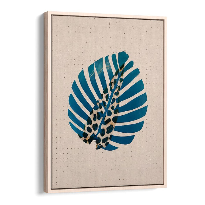 LEOPALM , FLORAL FLOWER PAINTINGS featuring a blue tropical leaf with leopard print details on beige canvas.