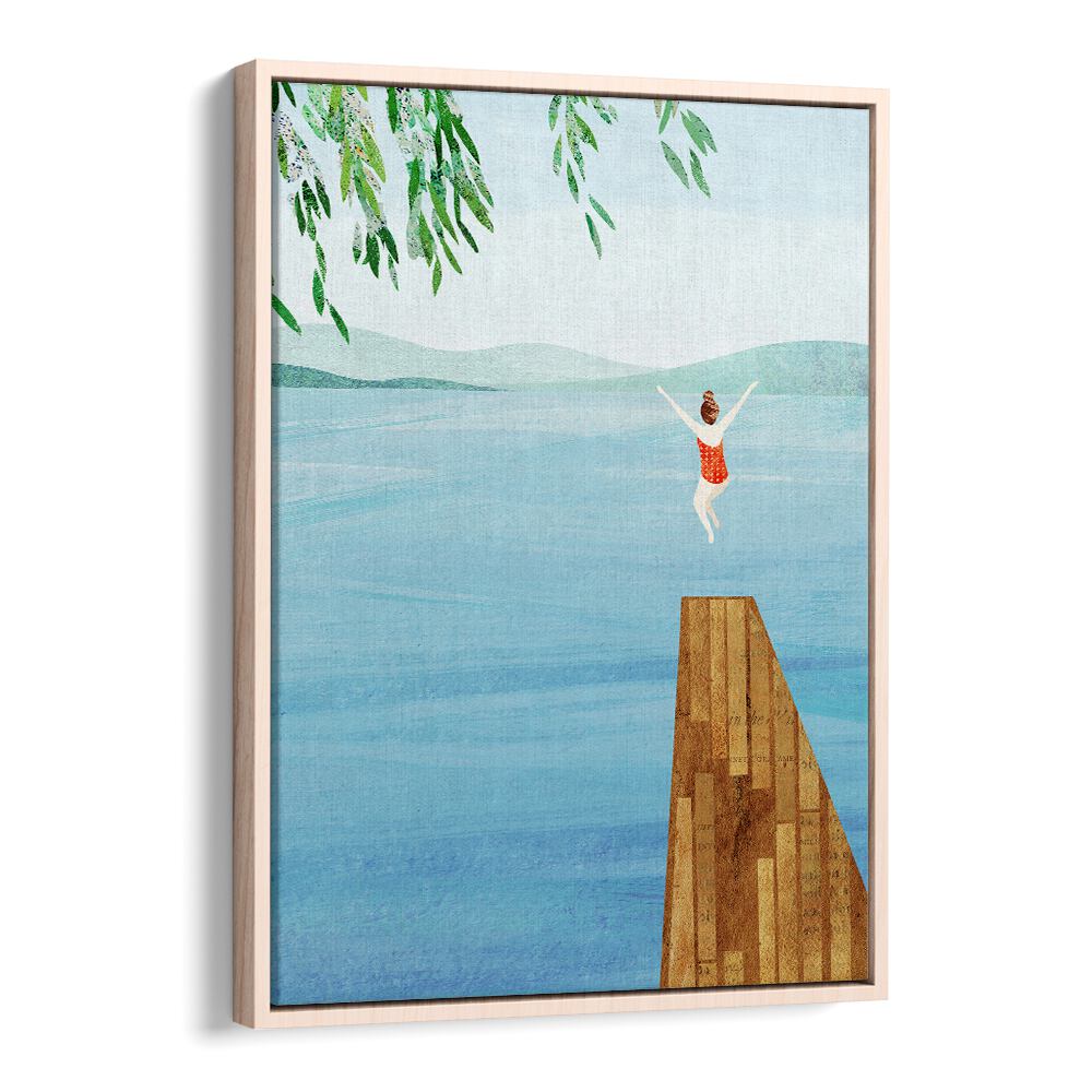 WILD, VIBRANT art print showcasing a joyful figure diving into serene waters, perfect for enhancing any space.