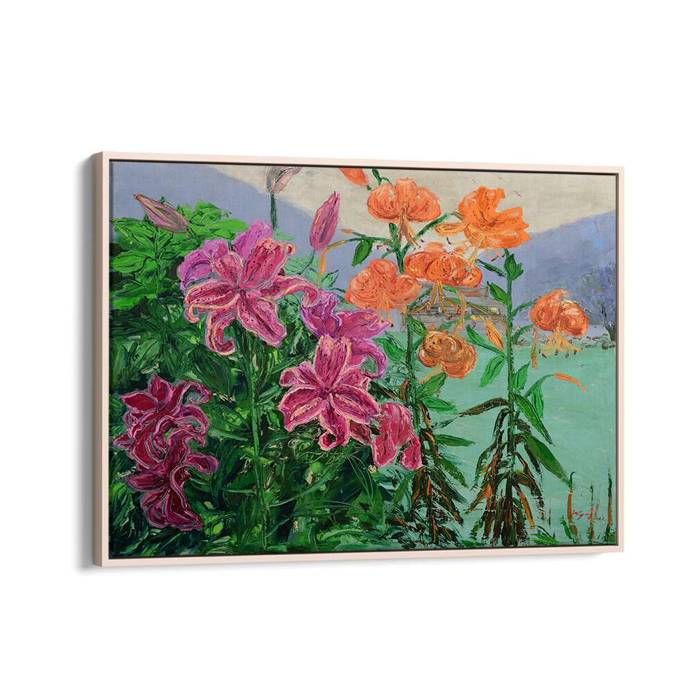 Vibrant PINK AND ORANGE LILIES, FLORAL FLOWER PAINTINGS showcasing lush blooms in a colorful garden display.