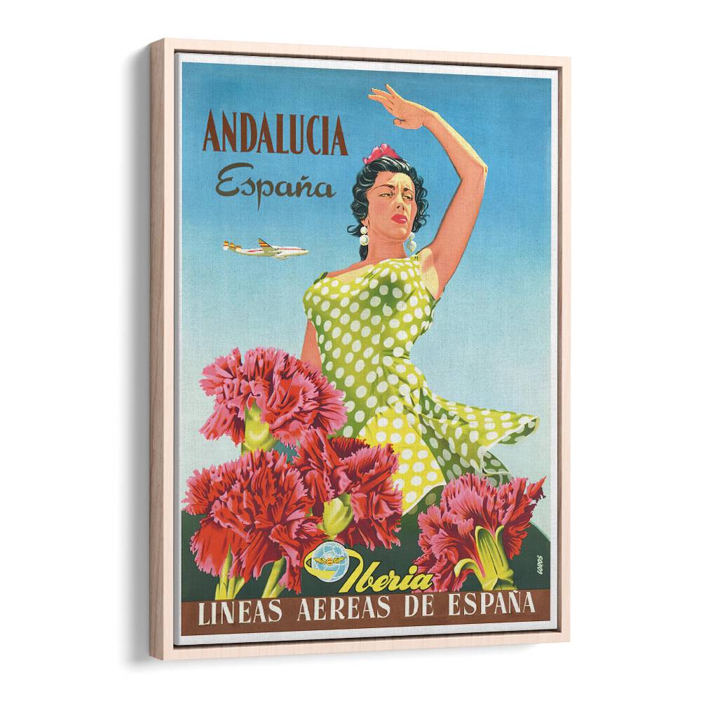 Vibrant ANDALUCIA ESPANA VINTAGE TRAVEL POSTERS featuring a flamenco dancer and colorful flowers, perfect for decor.