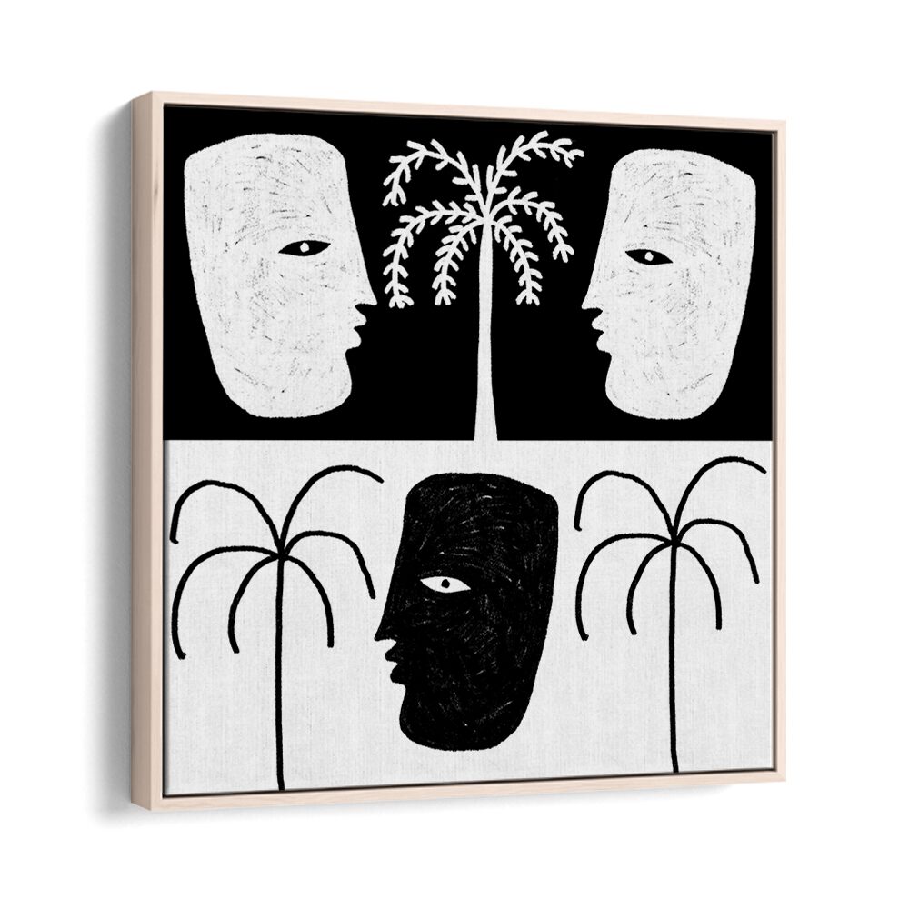 YEARNING I, BOHO ART PAINTINGS features striking black and white faces and palm trees, perfect for stylish decor.