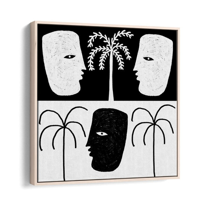 YEARNING I, BOHO ART PAINTINGS features striking black and white faces and palm trees, perfect for stylish decor.