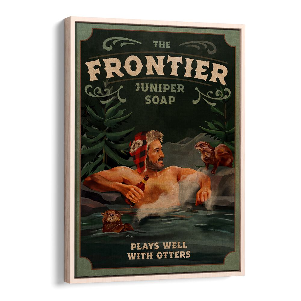 Frontier Man with Otters wall art print, perfect for bar decor, captures outdoor adventure spirit and charm.