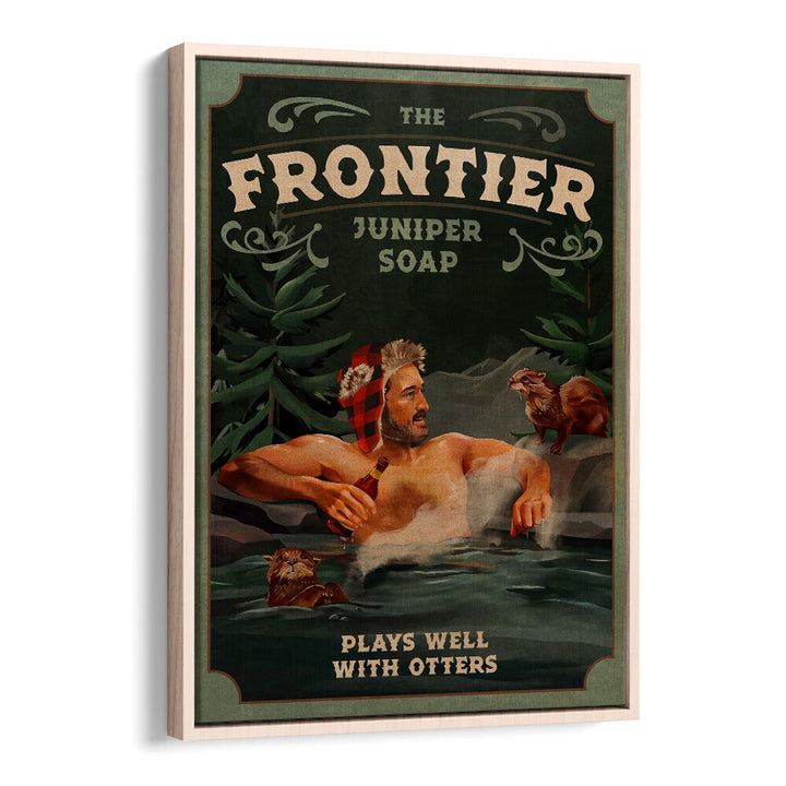 Frontier Man with Otters wall art print, perfect for bar decor, captures outdoor adventure spirit and charm.
